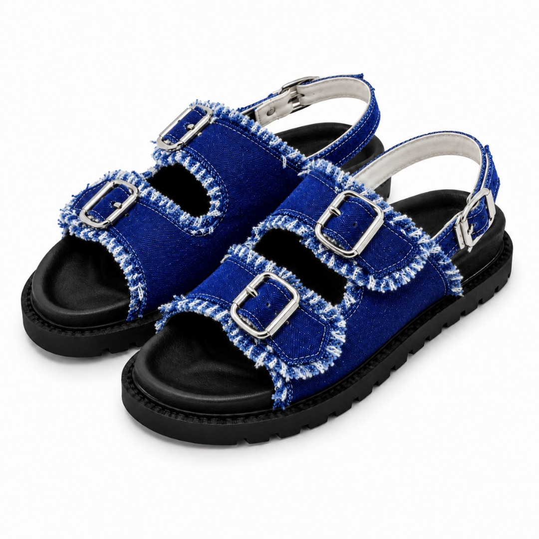 Frayed Royal Blue Denim Buckled Backstrap Sandals